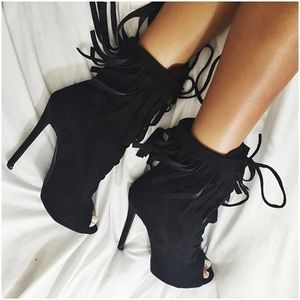 Black fringe peep toe lace up heel